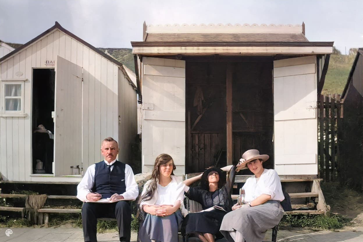 Colorized Family at beach huts in the 1910s