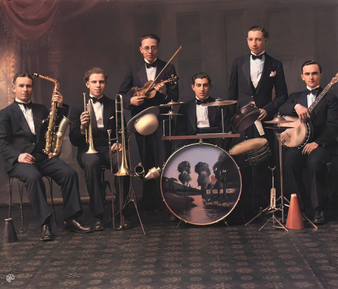 Colorized Jazz band portrait from the 1920s